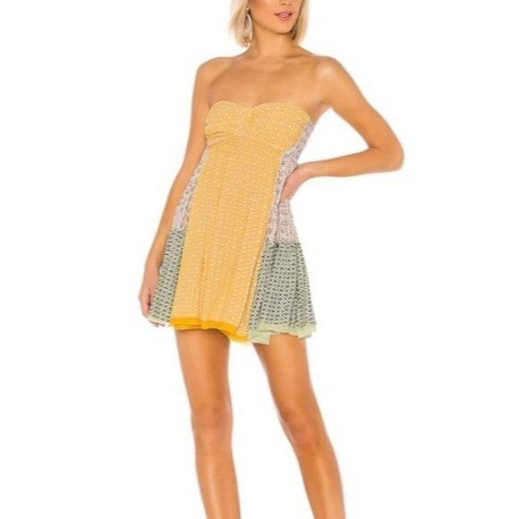 FREE PEOPLE Across The Sea Tunic Sz L Floral Yellow Green Colorblock Sweetheart - Picture 6 of 12